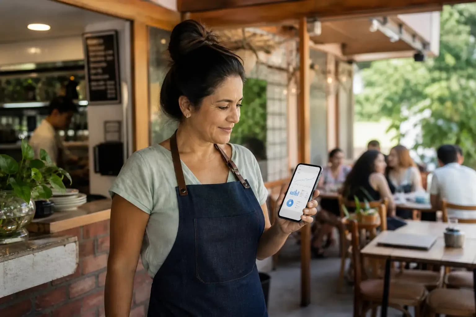 Restaurant owner checking business results on her phone.