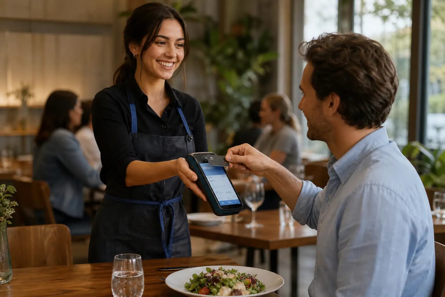 Server taking the customer's payment on the card machine at the table.