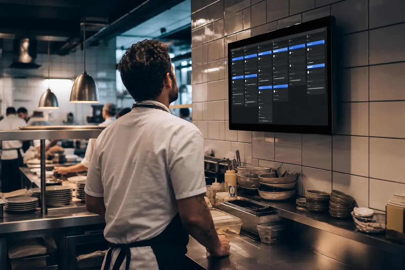Cook following the order queue on a kitchen screen.